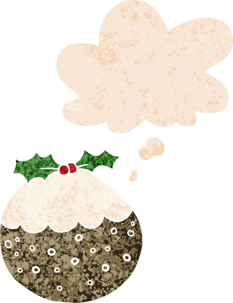 cartoon christmas pudding and thought bubble in retro textured style vector