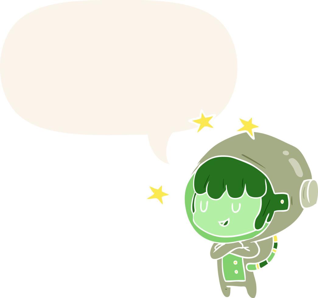 cartoon female future astronaut in space suit and speech bubble in retro style vector