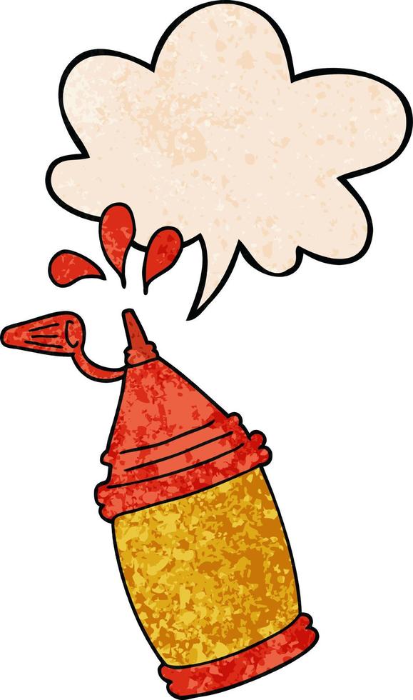 botella de ketchup de dibujos animados y burbuja de habla en estilo de textura retro vector