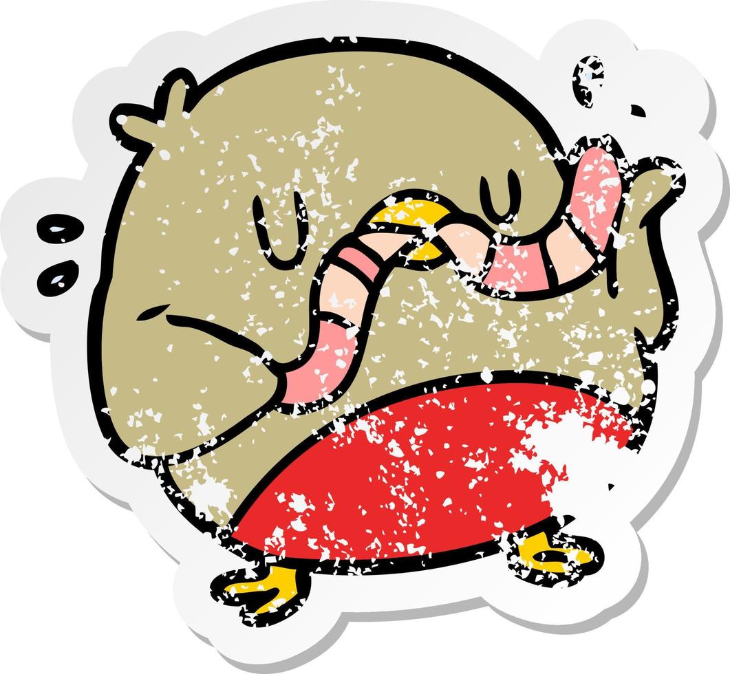 distressed sticker of a cartoon robin with worm vector