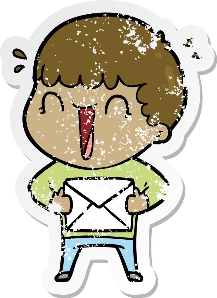 distressed sticker of a laughing cartoon man with letter vector