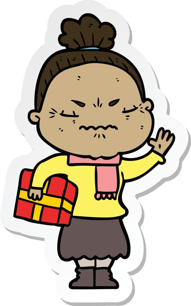 sticker of a cartoon annoyed old lady vector