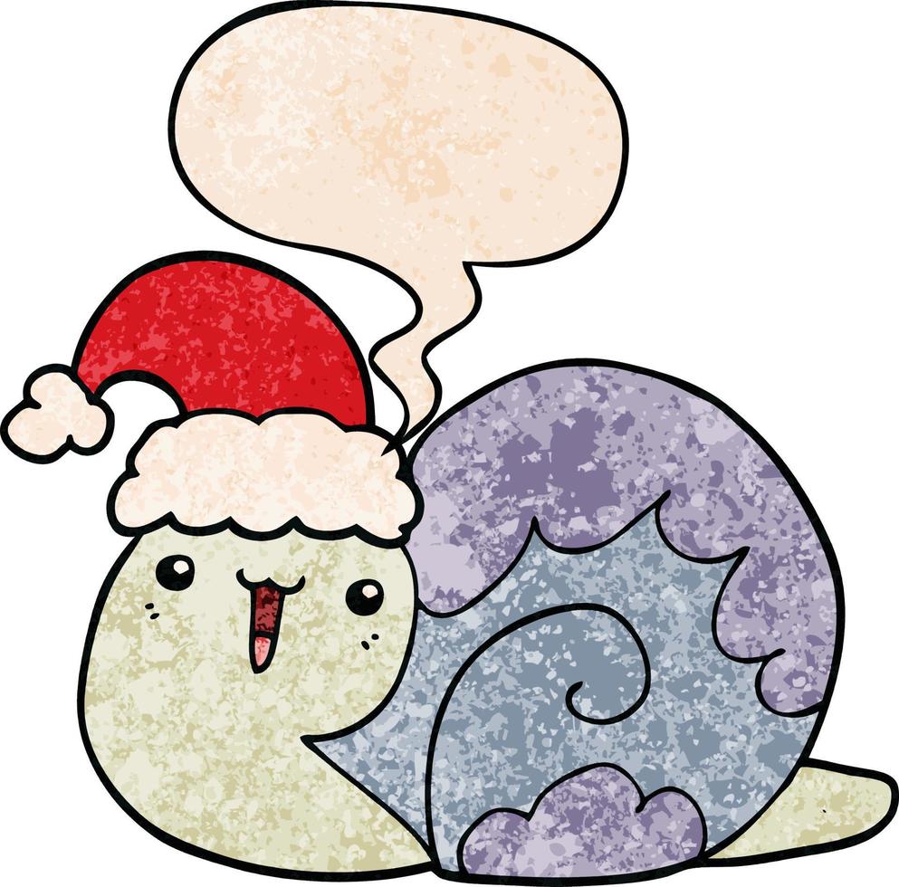 Lindo caracol navideño de dibujos animados y burbuja de habla en estilo de textura retro vector