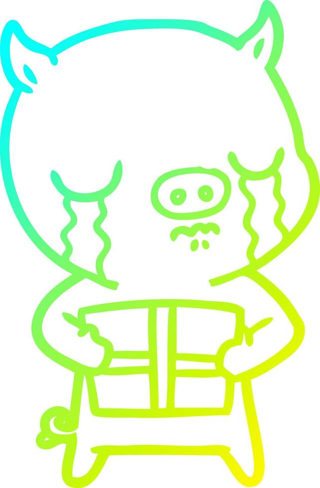 cold gradient line drawing cartoon pig crying over christmas present vector