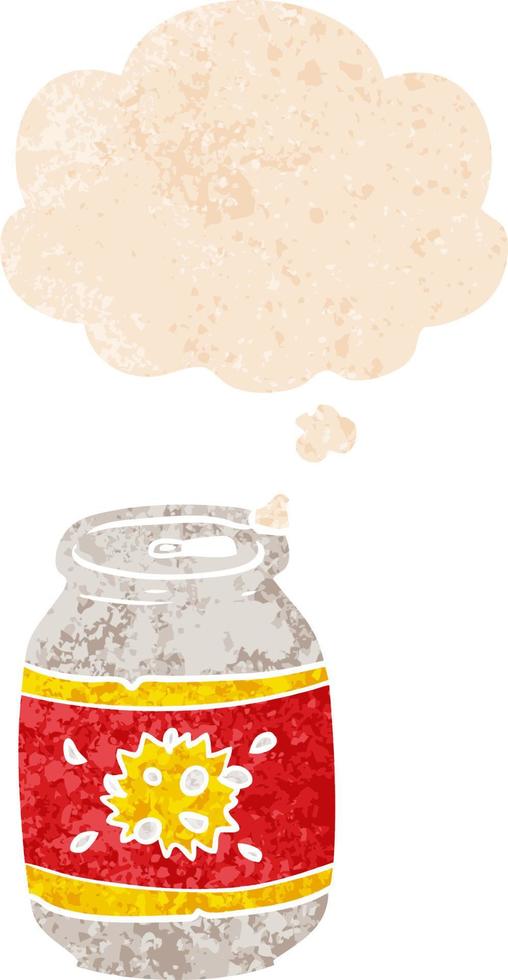 cartoon soda can and thought bubble in retro textured style vector