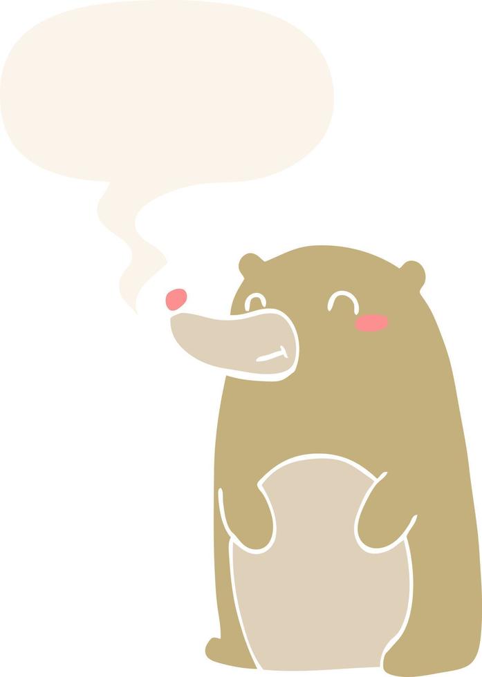 lindo oso de dibujos animados y burbuja de habla en estilo retro vector