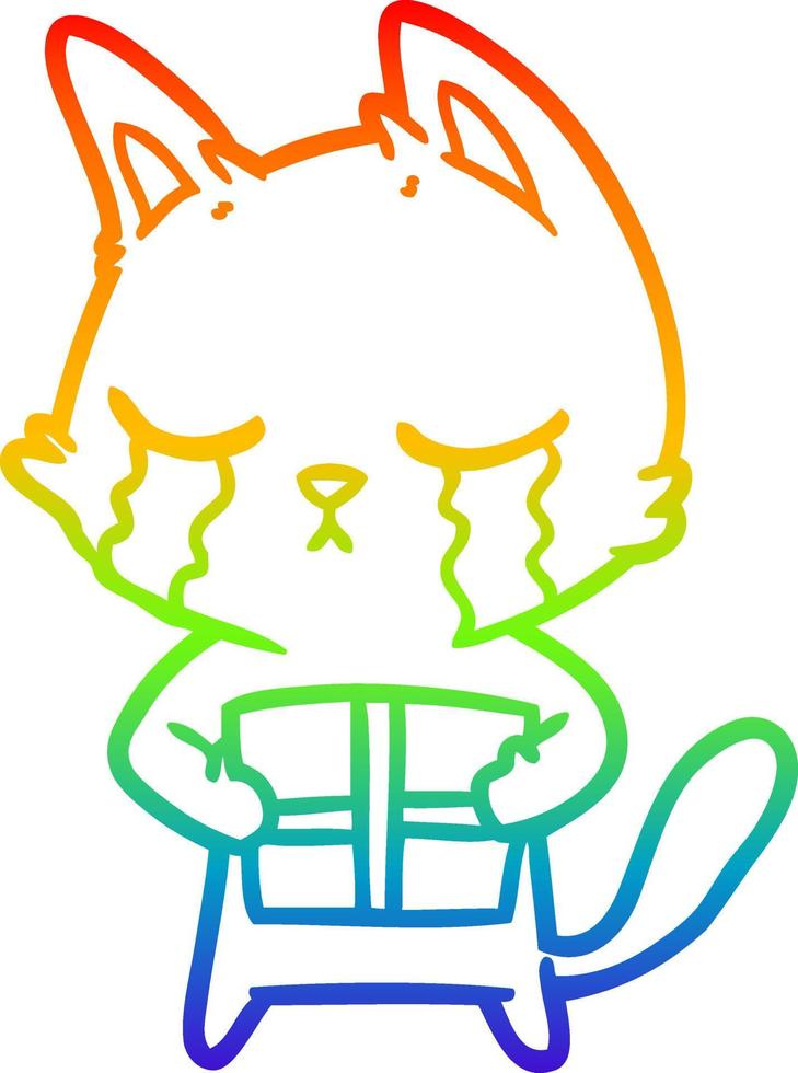 dibujo de línea de gradiente de arco iris gato de dibujos animados llorando sosteniendo regalo de navidad vector