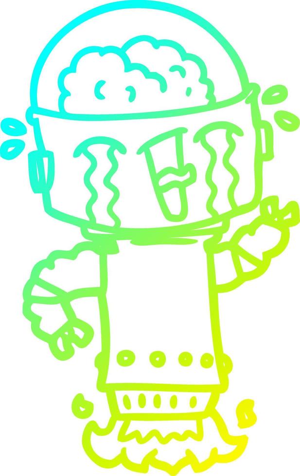 cold gradient line drawing cartoon crying robot flying vector