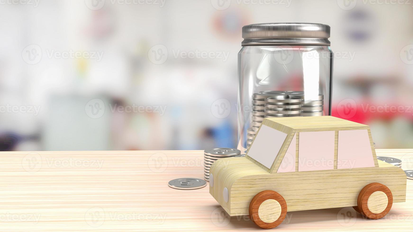 The car wood toy and jar coins for saving concept 3d rendering photo