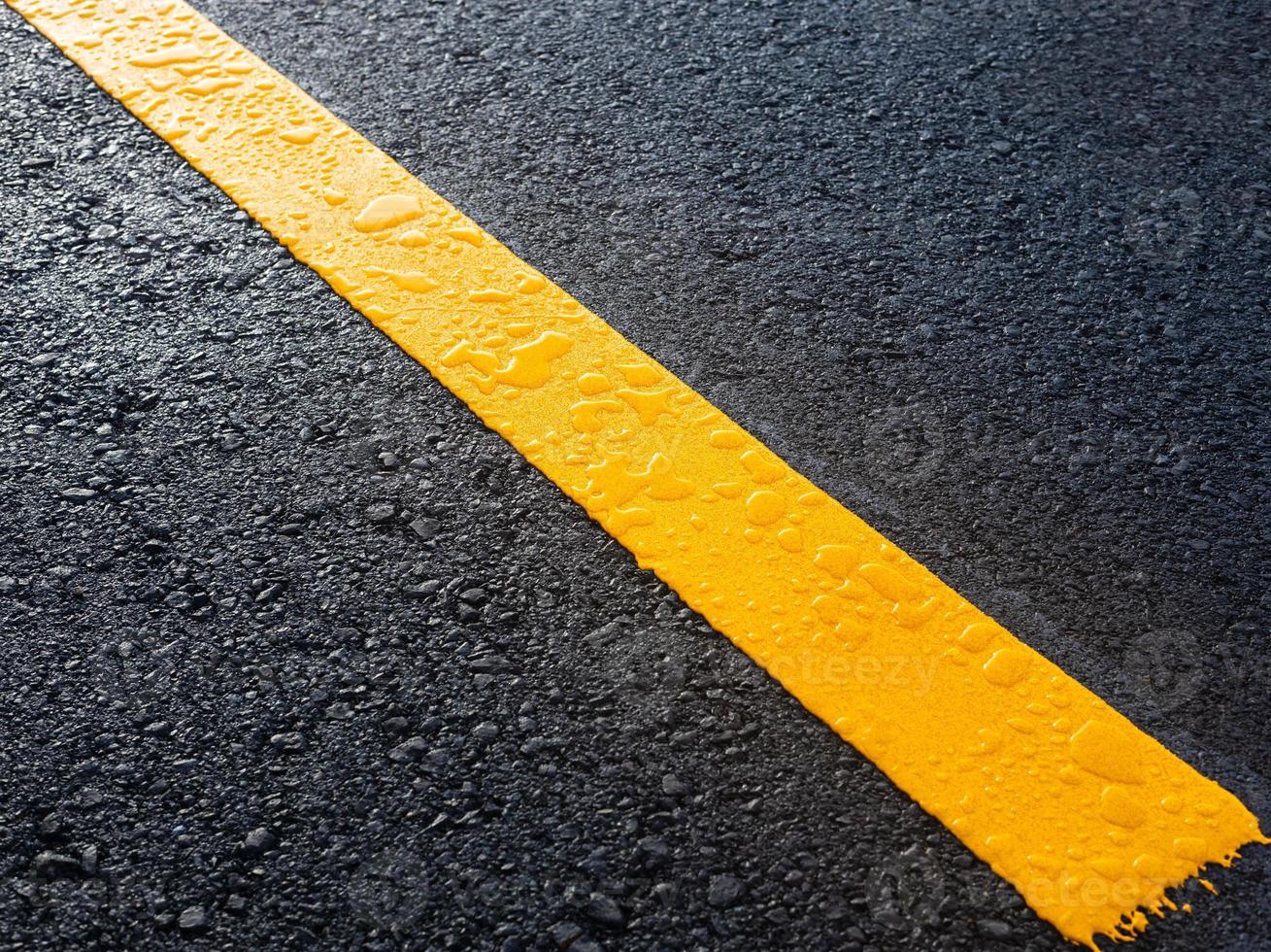 Close-up top view, new yellow stripe symbol texture background, wet with dew drops. photo