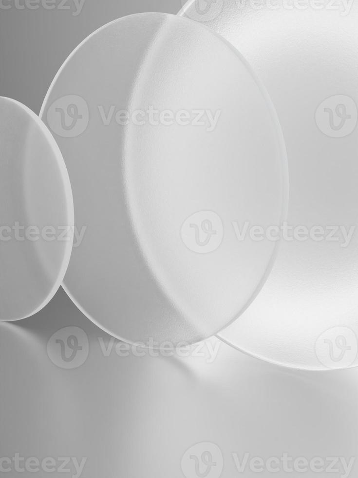 3D Rendering Soft Light and Semi Transparent Circle Plates Overlapping Product Display Background for Skincare or Healthcare Products. Simple Matte White and Gray. photo
