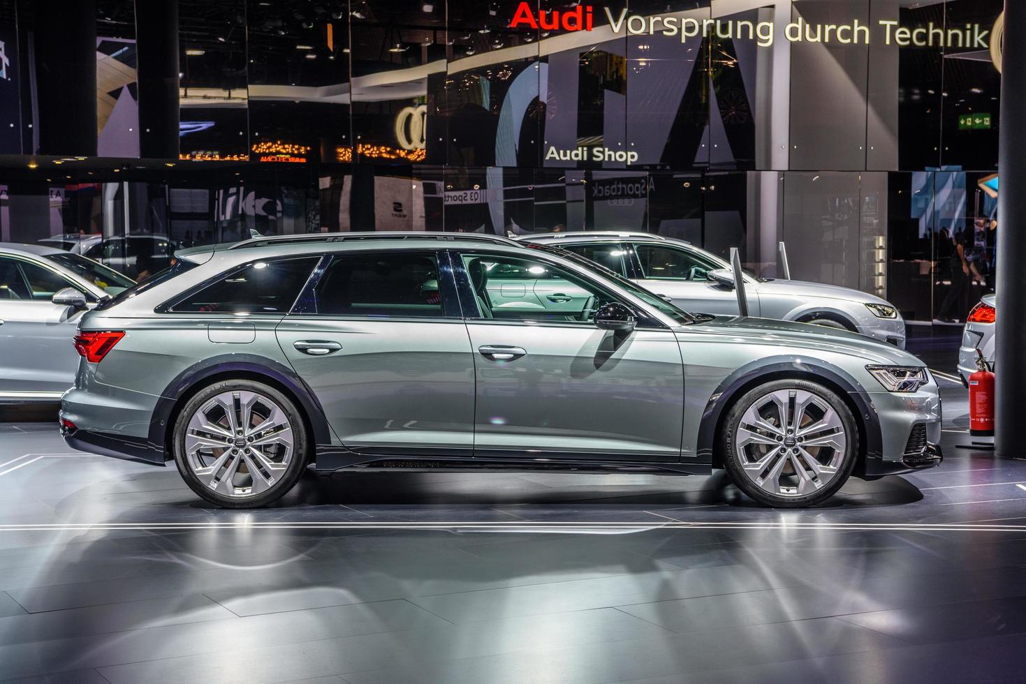 FRANKFURT, GERMANY - SEPT 2019 silver gray AUDI A6 AVANT ALLROAD QUATTRO C8 estate wagon combi family car, IAA International Motor Show Auto Exhibtion photo