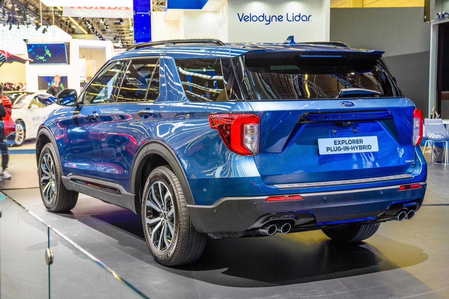 FRANKFURT, GERMANY - SEPT 2019 blue FORD EXPLORER plug-in-hybrid SUV, IAA International Motor Show Auto Exhibtion photo