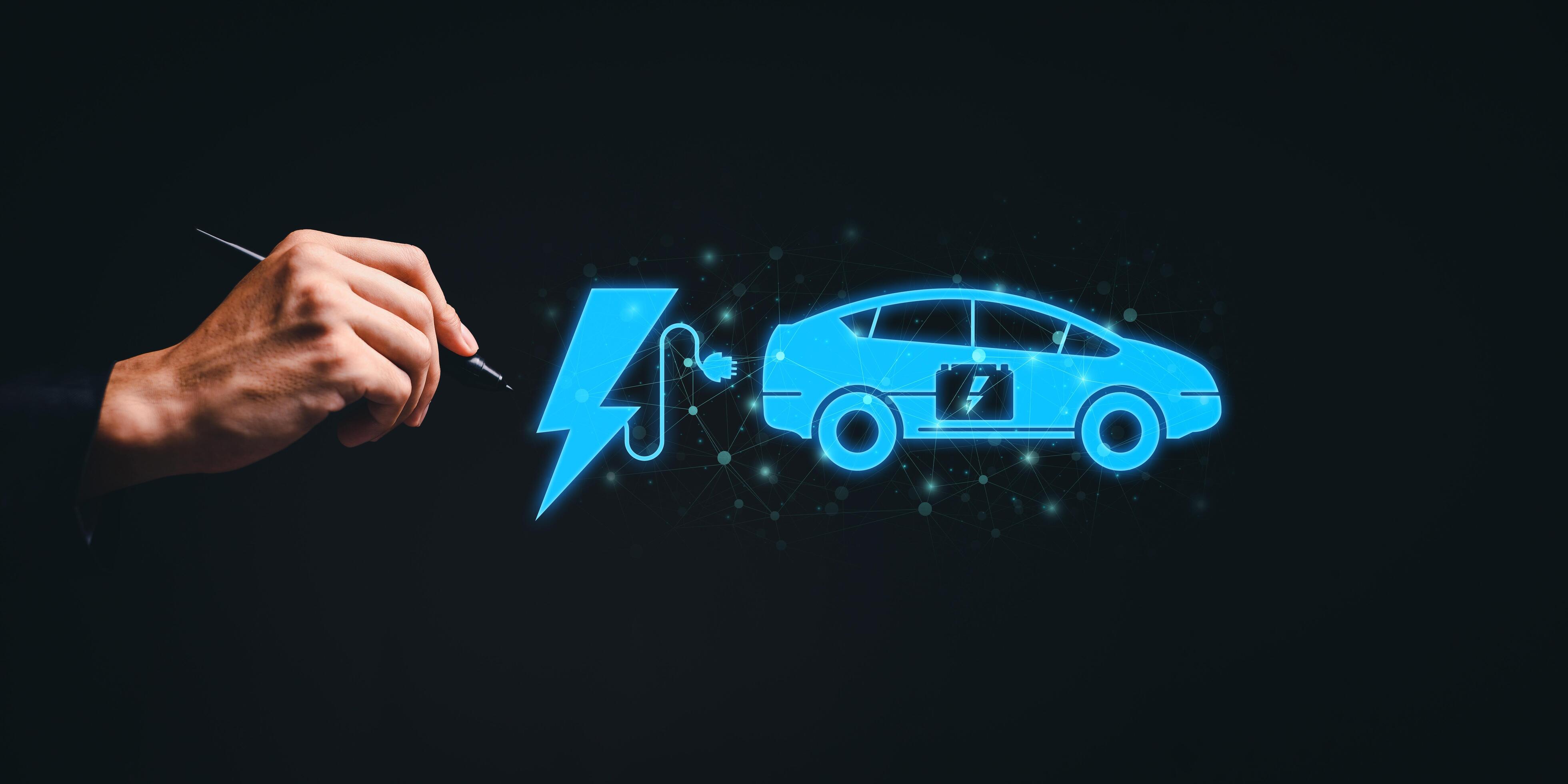 Choosing an electric vehicle. electric car choice. pointing at symbol