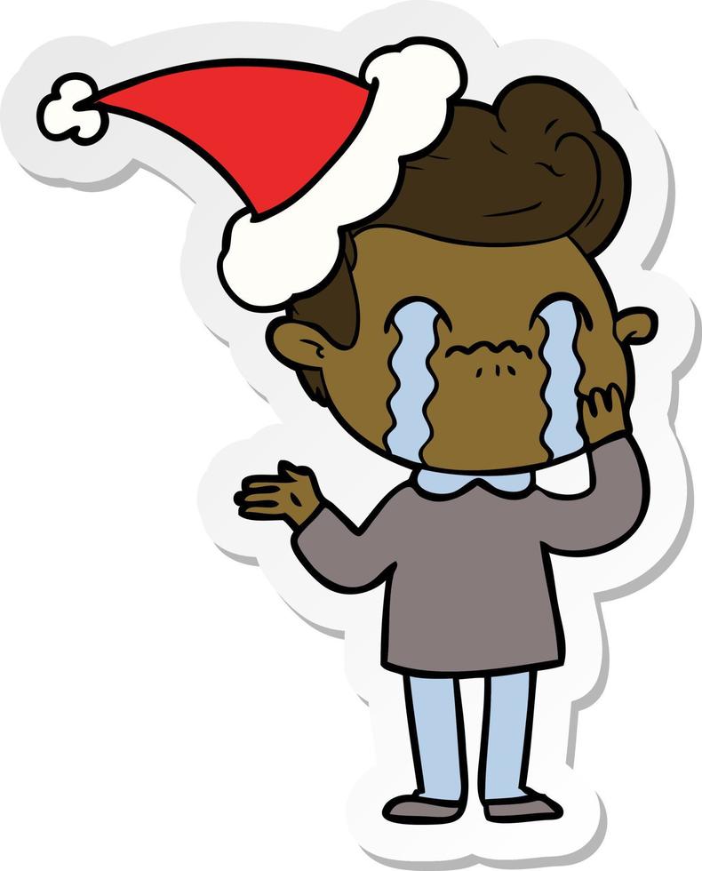 sticker cartoon of a man crying wearing santa hat vector