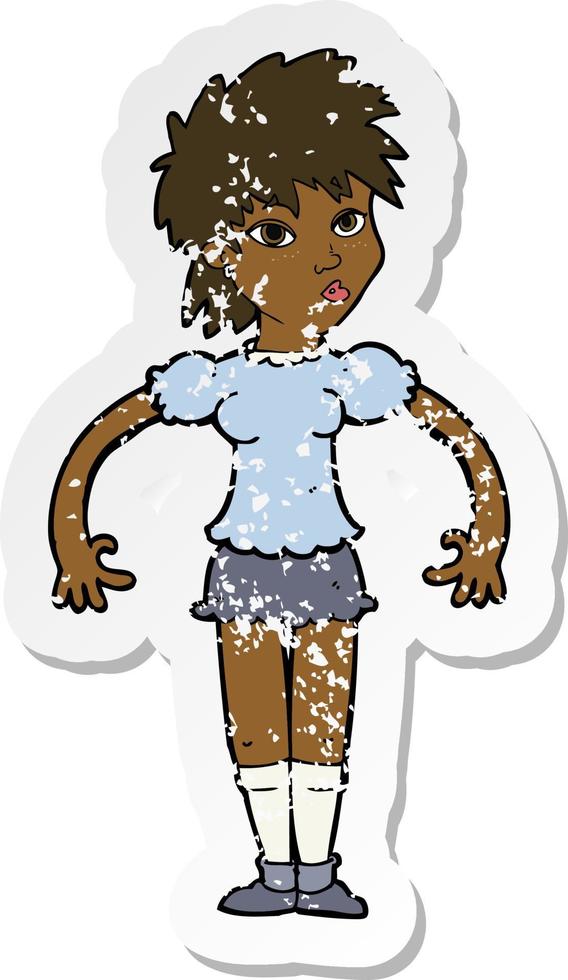 retro distressed sticker of a cartoon curious woman vector