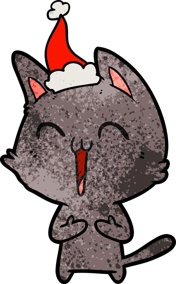 happy textured cartoon of a cat wearing santa hat vector