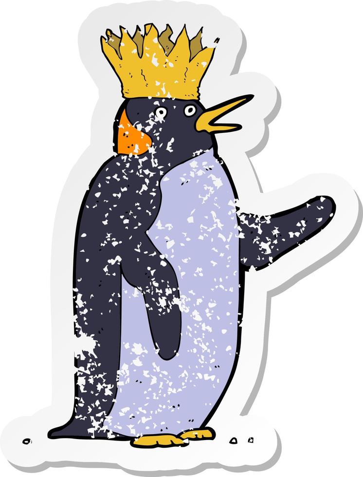 pegatina retro angustiada de un pingüino emperador de dibujos animados saludando vector