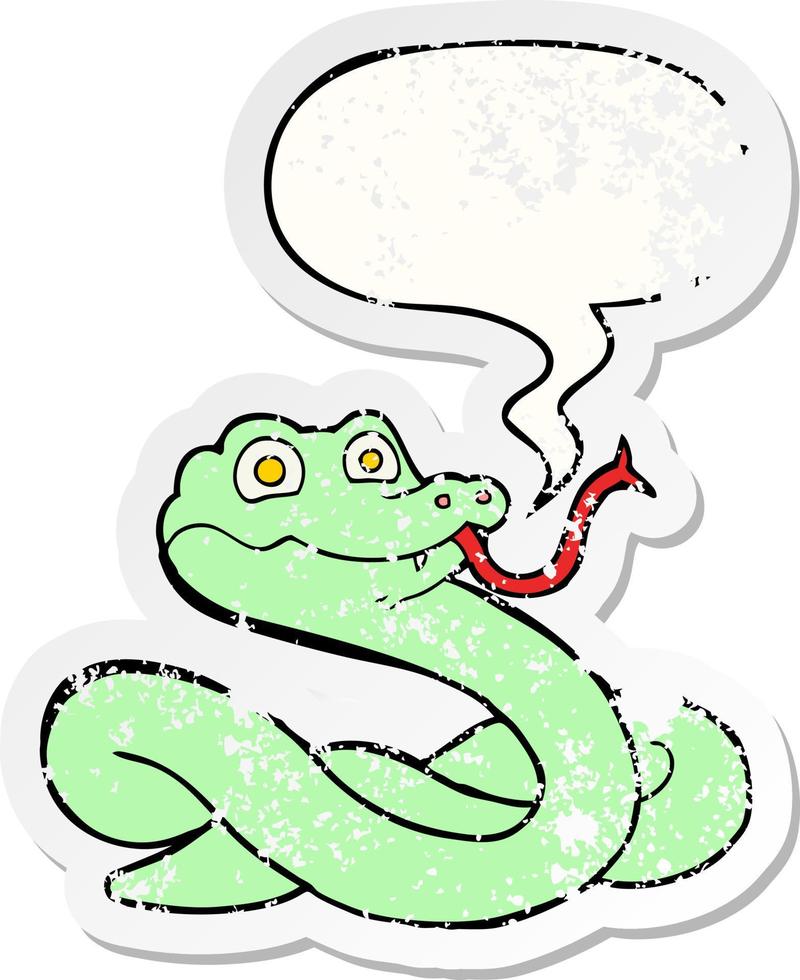 cartoon snake and speech bubble distressed sticker vector