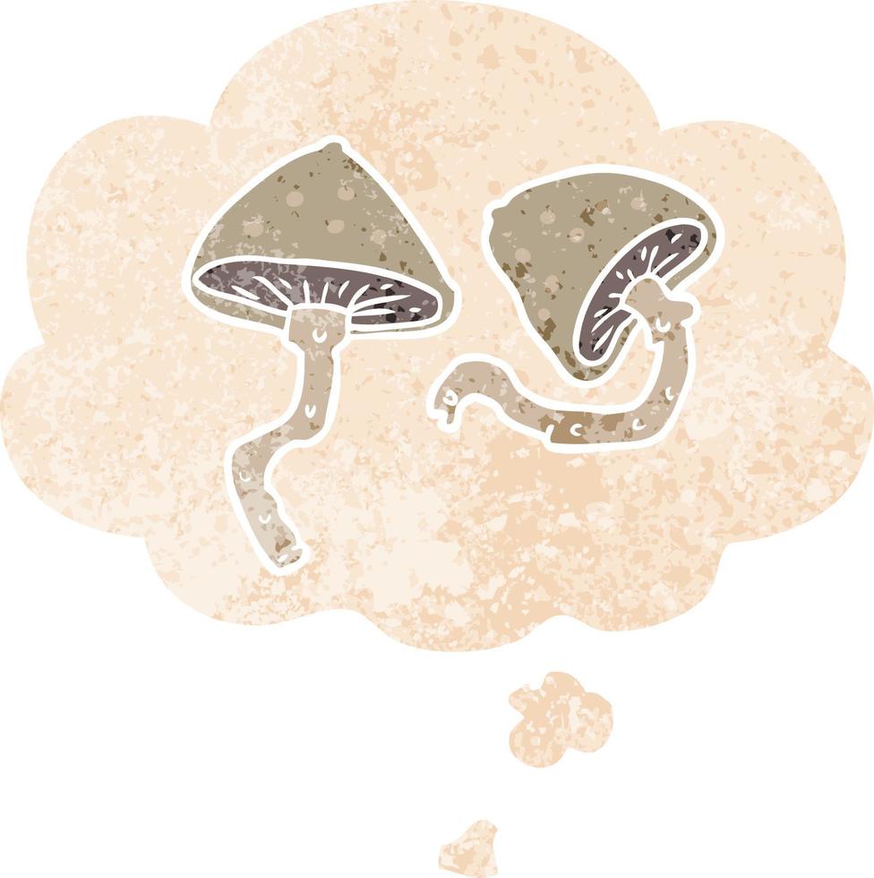 cartoon mushrooms and thought bubble in retro textured style vector