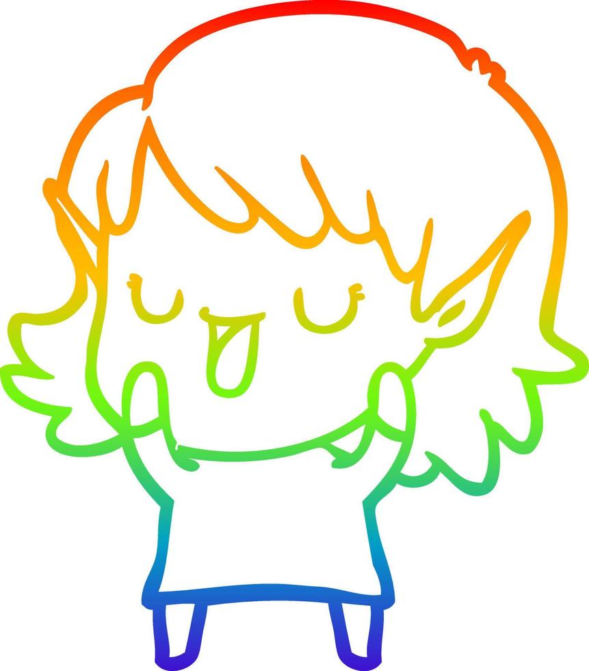 rainbow gradient line drawing cartoon elf girl vector