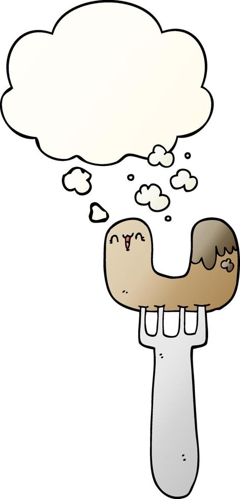 cartoon sausage on fork and thought bubble in smooth gradient style vector