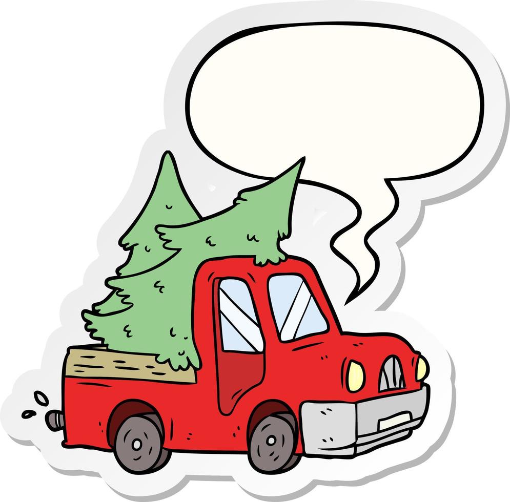 camioneta de dibujos animados que lleva árboles de navidad y pegatina de burbuja de habla vector