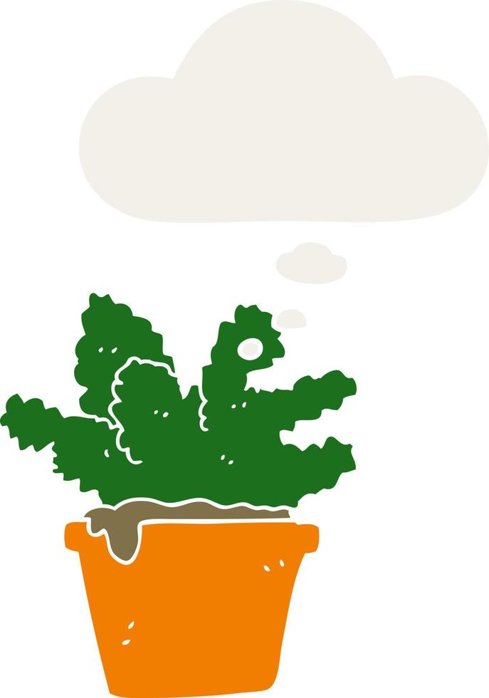cartoon house plant and thought bubble in retro style vector