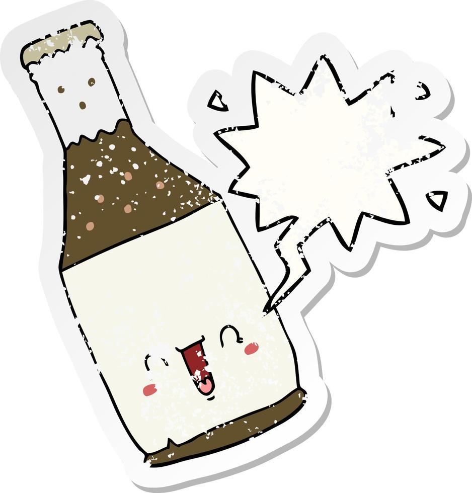 cartoon beer bottle and speech bubble distressed sticker vector
