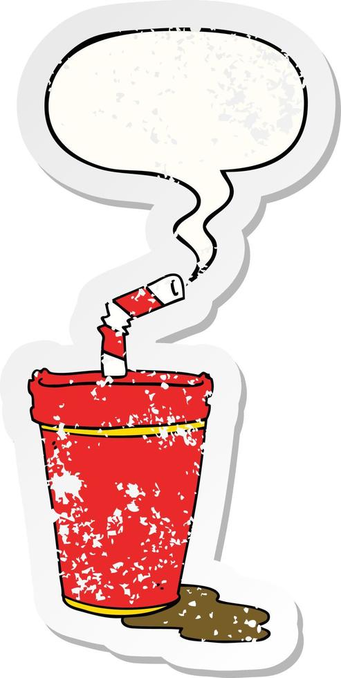 cartoon soda cup and speech bubble distressed sticker vector