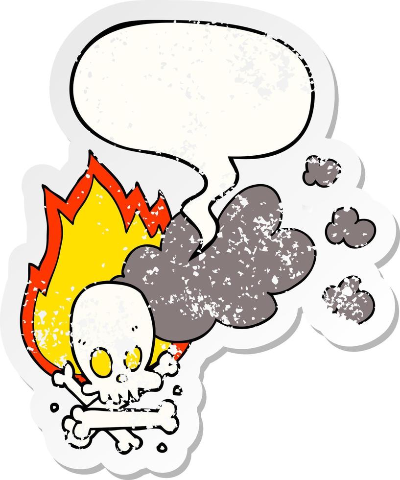 cartoon spooky burning bones and speech bubble distressed sticker vector
