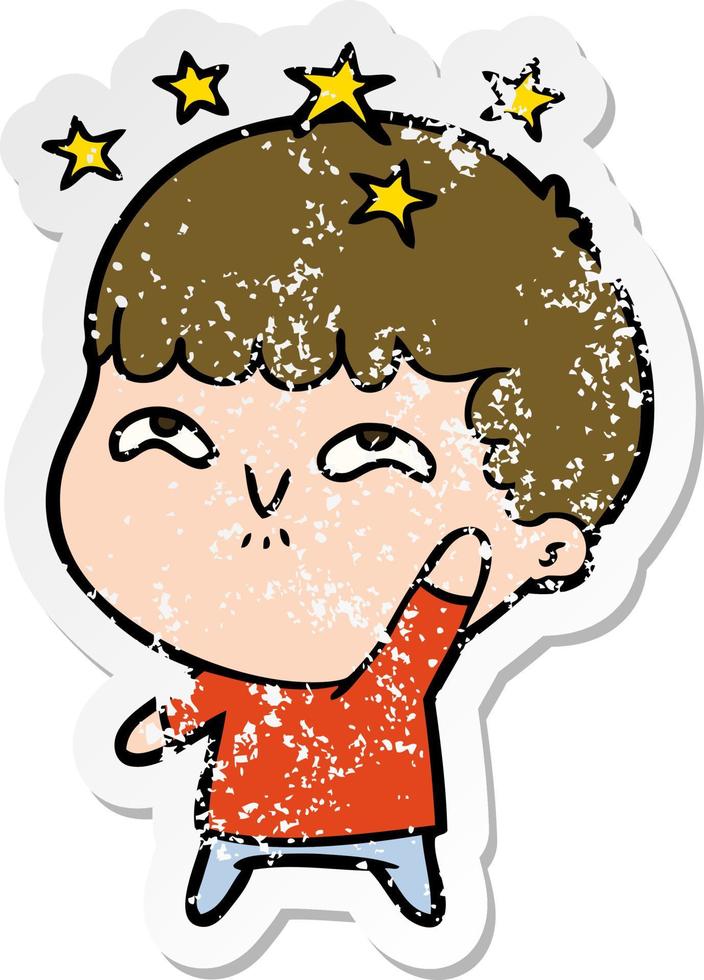 distressed sticker of a cartoon amazed boy vector