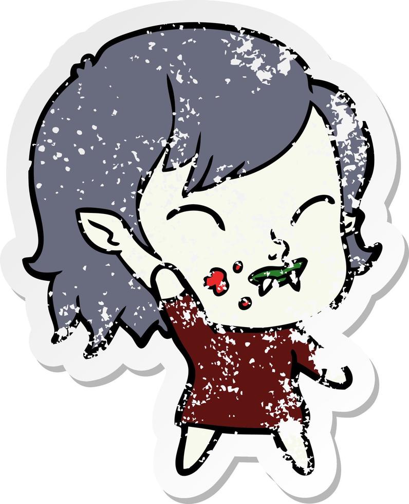 distressed sticker of a cartoon vampire girl with blood on cheek vector