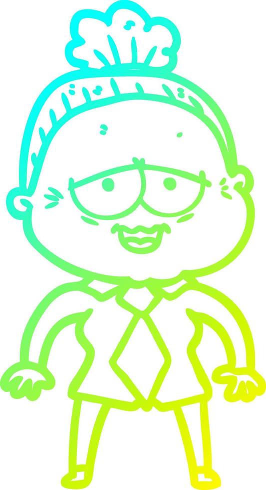 cold gradient line drawing cartoon happy old lady vector