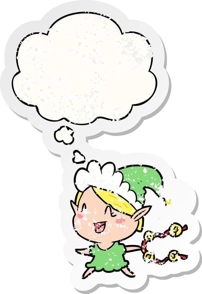 cartoon happy christmas elf and thought bubble as a distressed worn sticker vector