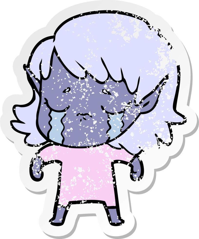 distressed sticker of a cartoon crying elf girl vector