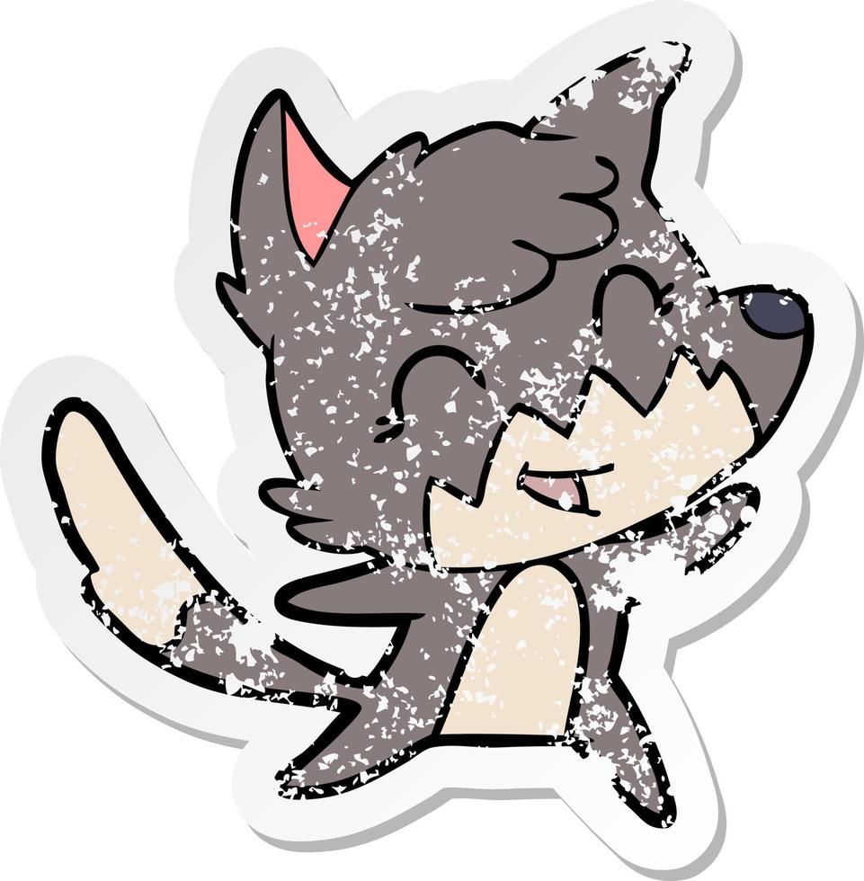 distressed sticker of a happy cartoon fox vector