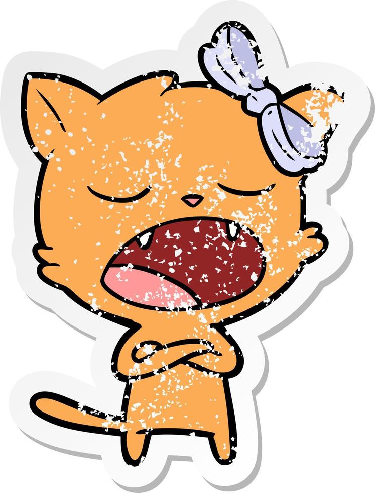 distressed sticker of a cartoon yawning cat vector