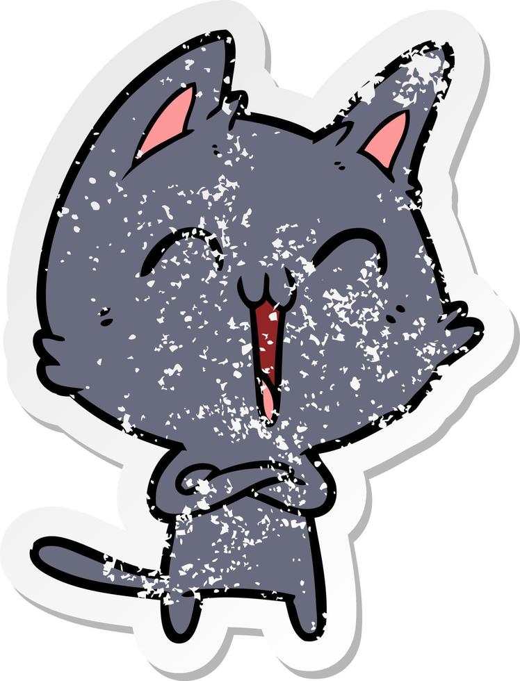 distressed sticker of a happy cartoon cat meowing vector