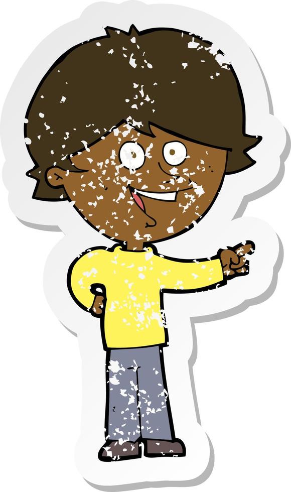 retro distressed sticker of a cartoon boy laughing and pointing vector