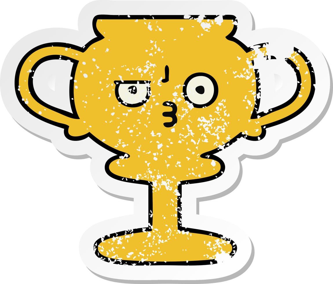 distressed sticker of a cute cartoon trophy vector