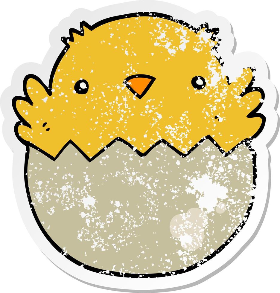 distressed sticker of a cartoon chick hatching from egg vector