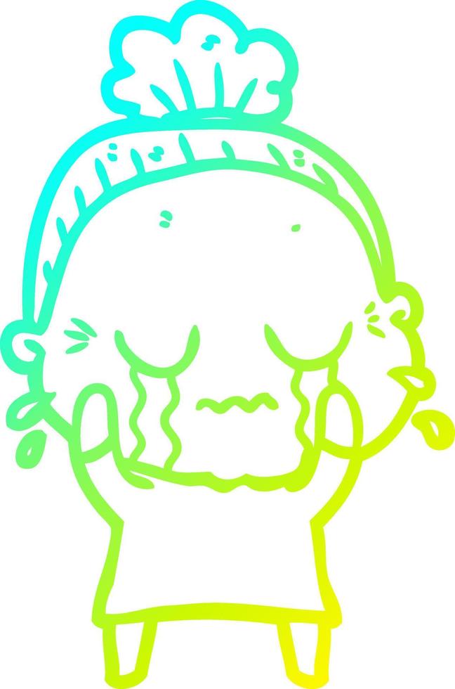 cold gradient line drawing cartoon crying old lady vector