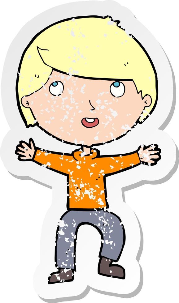 pegatina retro angustiada de un niño feliz de dibujos animados vector