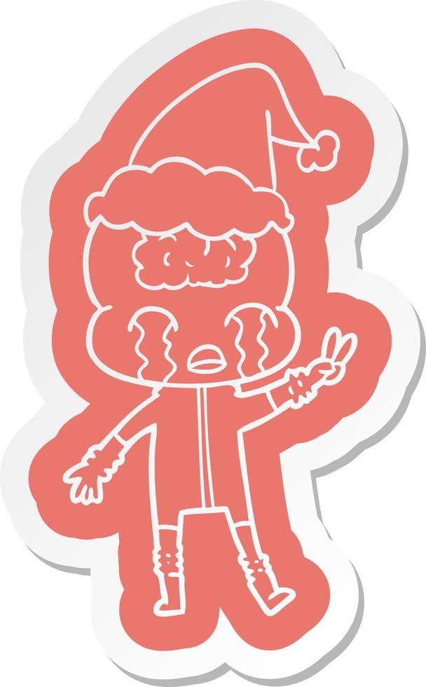 cartoon  sticker of a big brain alien crying and giving peace sign wearing santa hat vector