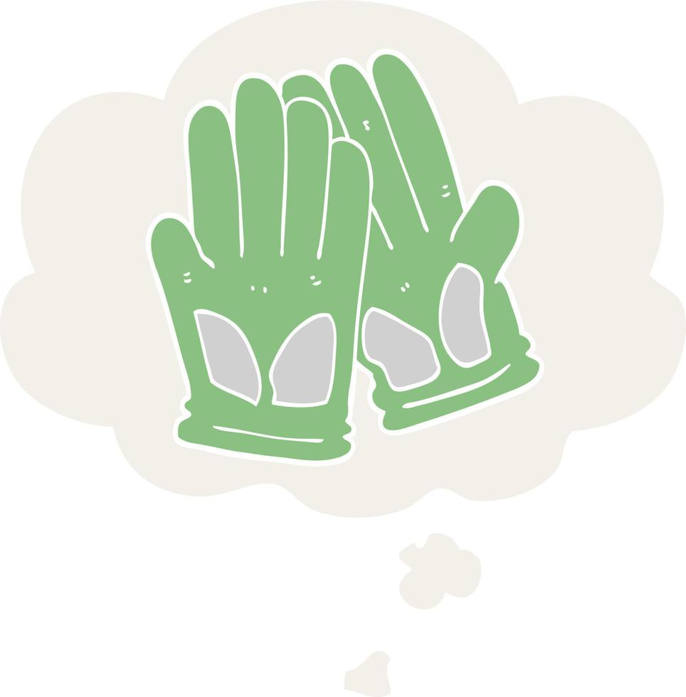 guantes de trabajo de jardín de dibujos animados y burbuja de pensamiento en estilo retro vector