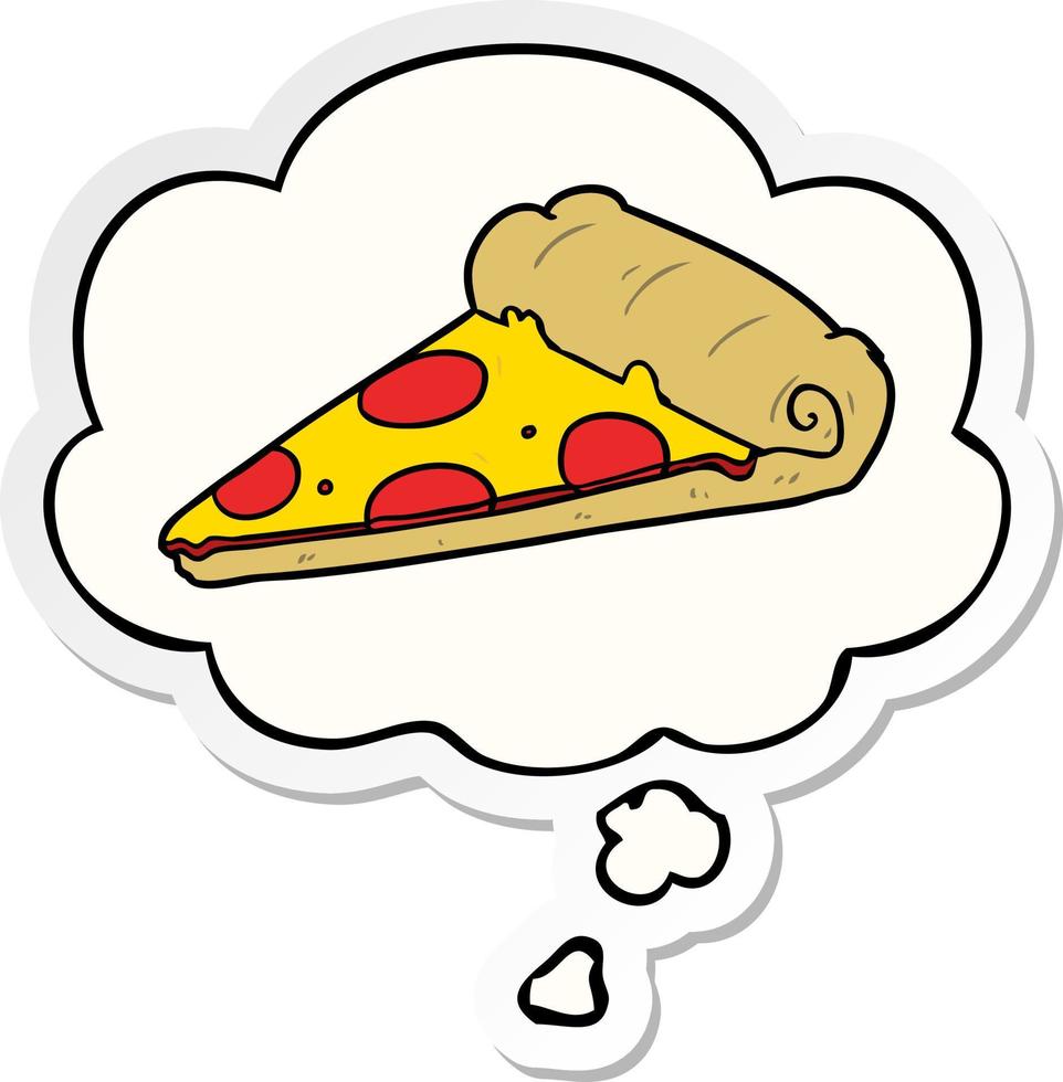 cartoon pizza slice and thought bubble as a printed sticker vector