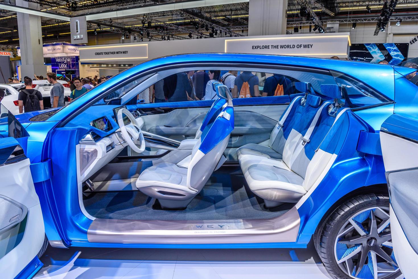 FRANKFURT, GERMANY - SEPT 2019 white interior of blue Great Wall Motors WEY-S Concept electric SUV Car, IAA International Motor Show Auto Exhibtion photo