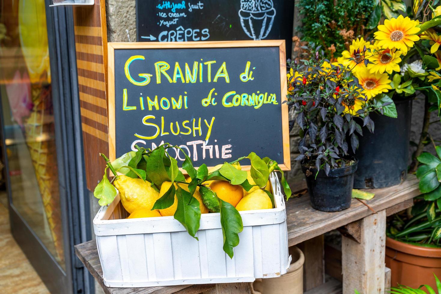 A basket with lemons in front of a store photo