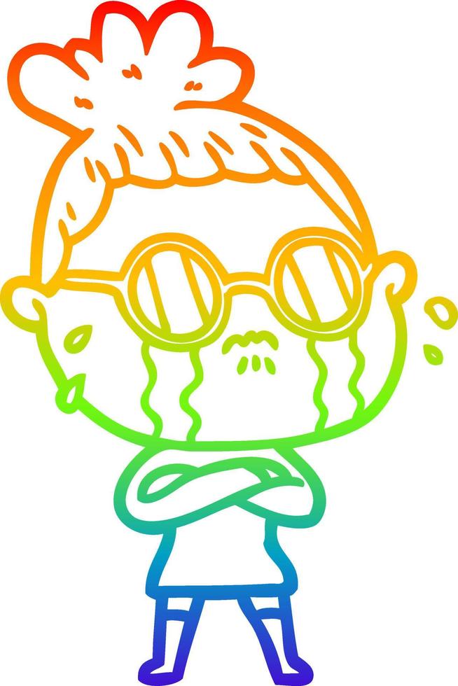 rainbow gradient line drawing cartoon crying woman wearing spectacles vector